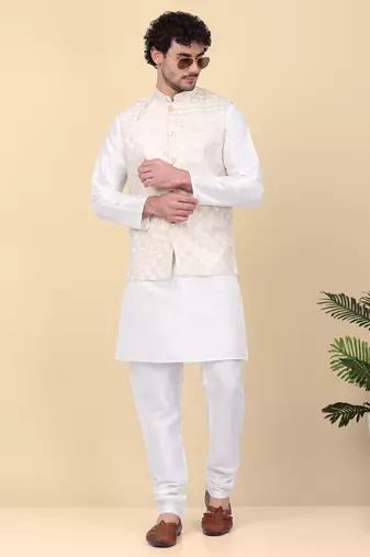 Men beige sequins silk jacquard nehru jacket