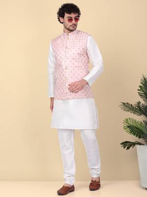 Men peach sequins silk jacquard nehru jacket 4