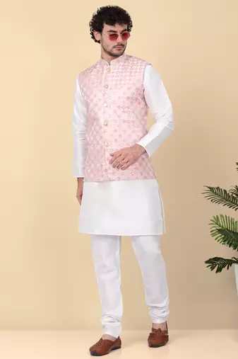 Men peach sequins silk jacquard nehru jacket