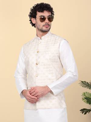 Men beige sequins silk jacquard nehru jacket 5