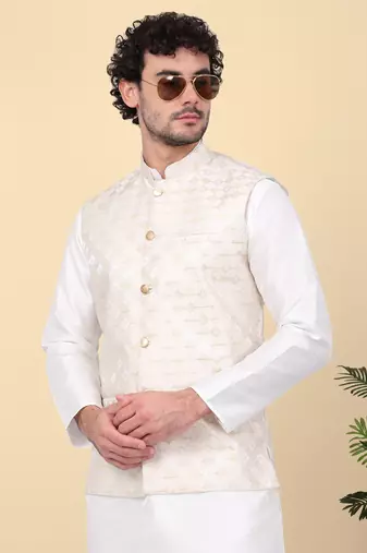 Men beige sequins silk jacquard nehru jacket