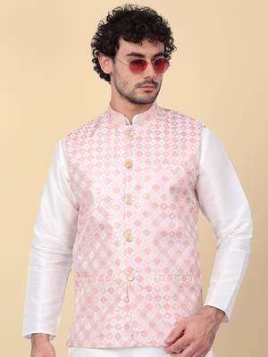 Men peach sequins silk jacquard nehru jacket 5