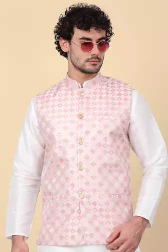 Men peach sequins silk jacquard nehru jacket