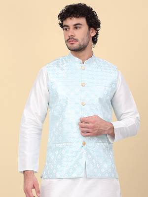 Men blue sequins silk jacquard nehru jacket 1