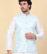 Men blue sequins silk jacquard nehru jacket