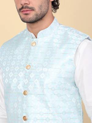 Men blue sequins silk jacquard nehru jacket 2