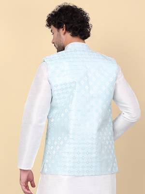 Men blue sequins silk jacquard nehru jacket 3