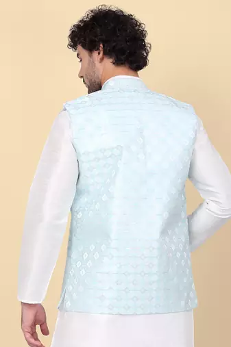 Men blue sequins silk jacquard nehru jacket