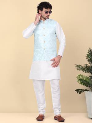Men blue sequins silk jacquard nehru jacket 4