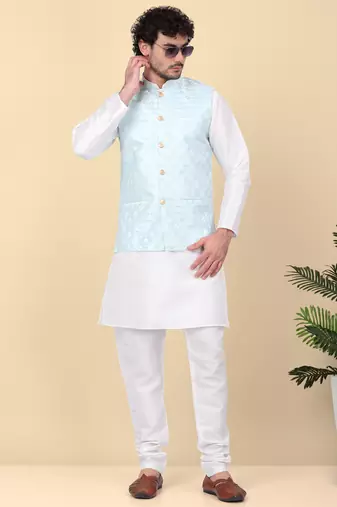 Men blue sequins silk jacquard nehru jacket