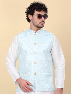 Men blue sequins silk jacquard nehru jacket 5