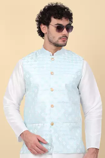 Men blue sequins silk jacquard nehru jacket