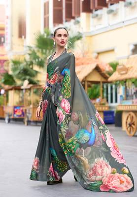Grey designer printed georgette saree with blouse 1
