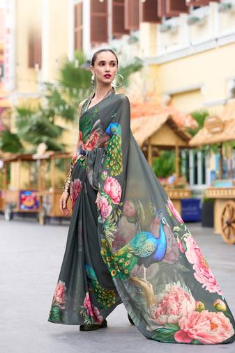 Grey designer printed pure georgette saree with blouse