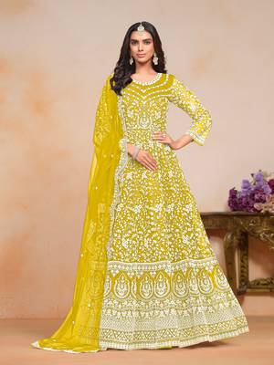 Yellow embroidered net anarkali suit 1