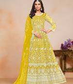 Yellow embroidered net semi stitched anarkali suit