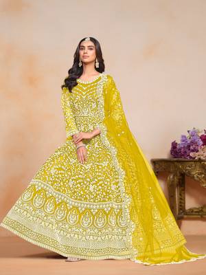 Yellow embroidered net anarkali suit 2