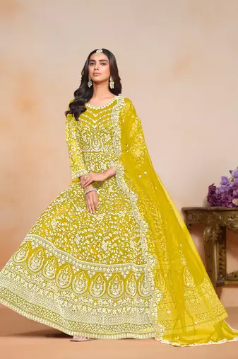 Yellow embroidered net anarkali suit