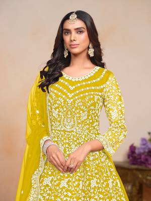 Yellow embroidered net anarkali suit 3