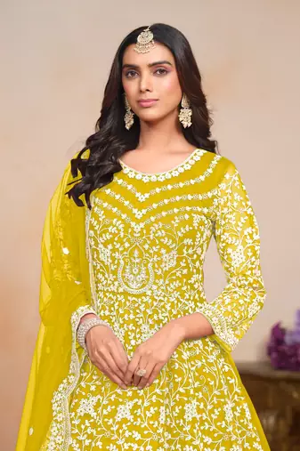 Yellow embroidered net anarkali suit