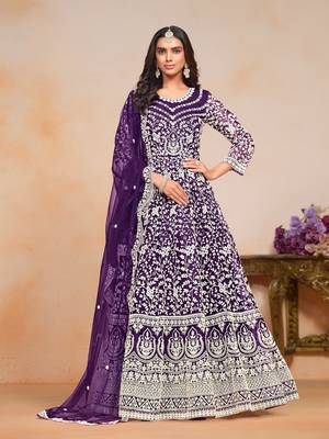 Purple embroidered net anarkali suit 2