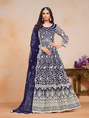 Navy blue embroidered net anarkali suit 1