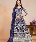 Navy blue embroidered net semi stitched anarkali suit