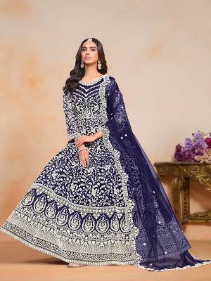 Navy blue embroidered net anarkali suit 2