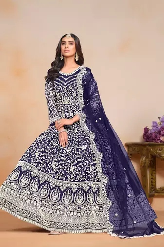 Navy blue embroidered net anarkali suit