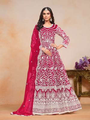 Magenta embroidered net anarkali suit 2