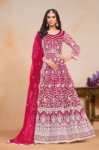 Magenta embroidered net anarkali suit