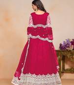 Magenta embroidered net semi stitched anarkali suit