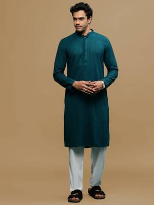 Men's designer solid firozi chikankari kurta set by sanwara 1