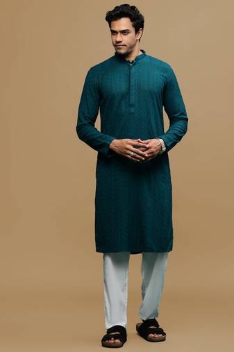 Men's designer solid firozi chikankari kurta set by sanwara
