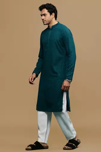Men's designer solid firozi chikankari kurta set by sanwara