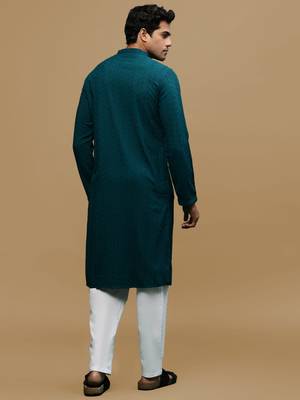 Men's designer solid firozi chikankari kurta set by sanwara 3
