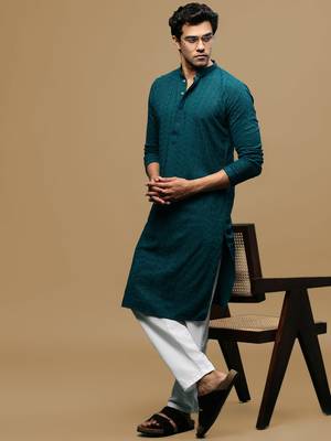 Men's designer solid firozi chikankari kurta set by sanwara 4