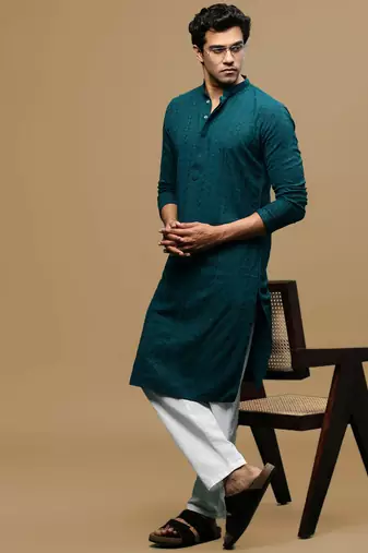 Men's designer solid firozi chikankari kurta set by sanwara