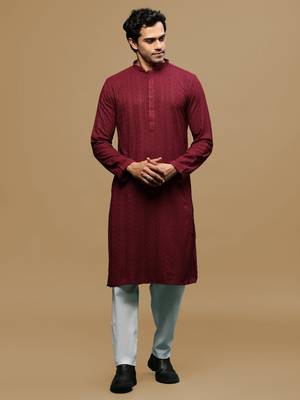 Men's designer solid maroon chikankari kurta set by sanwara 1