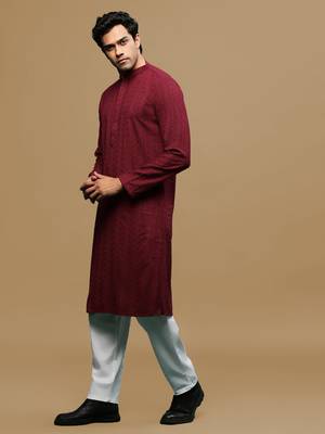 Men's designer solid maroon chikankari kurta set by sanwara 2