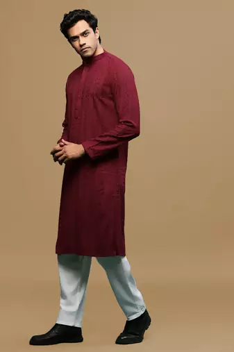 Men's designer solid maroon chikankari kurta set by sanwara