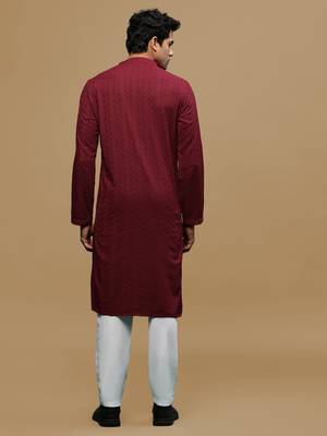 Men's designer solid maroon chikankari kurta set by sanwara 3