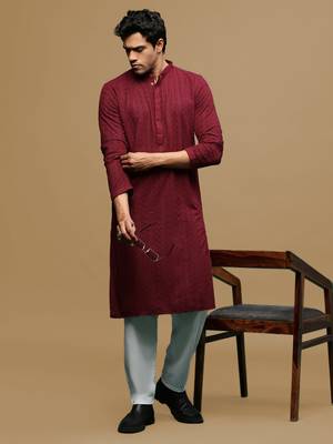 Men's designer solid maroon chikankari kurta set by sanwara 4