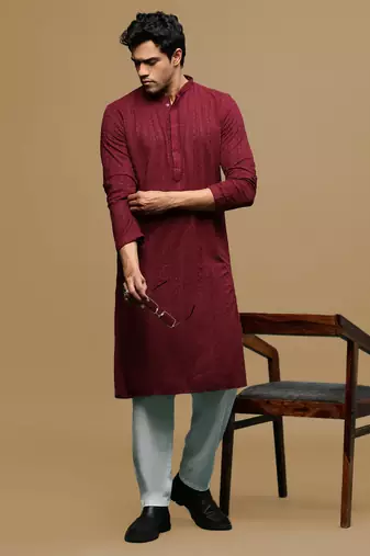 Men's designer solid maroon chikankari kurta set by sanwara