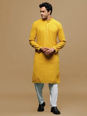 Men's designer solid mustard chikankari kurta set by sanwara 1