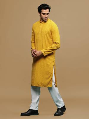 Men's designer solid mustard chikankari kurta set by sanwara 2