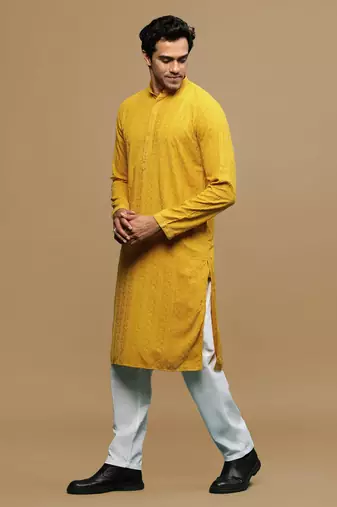 Men's designer solid mustard chikankari kurta set by sanwara