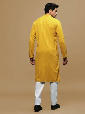 Men's designer solid mustard chikankari kurta set by sanwara 3