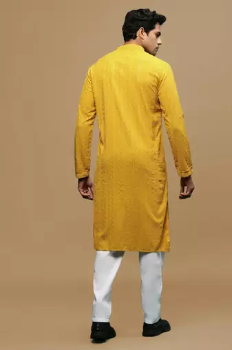 Men's designer solid mustard chikankari kurta set by sanwara