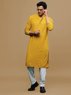 Men's designer solid mustard chikankari kurta set by sanwara 4